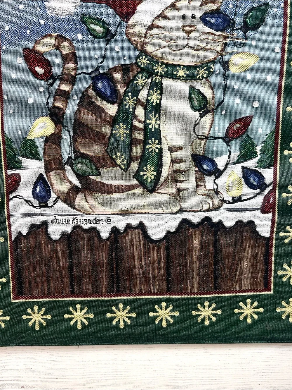 Vintage Cat Christmas Tapestry Wall Hanging Holiday 90s Woven Cottagecore